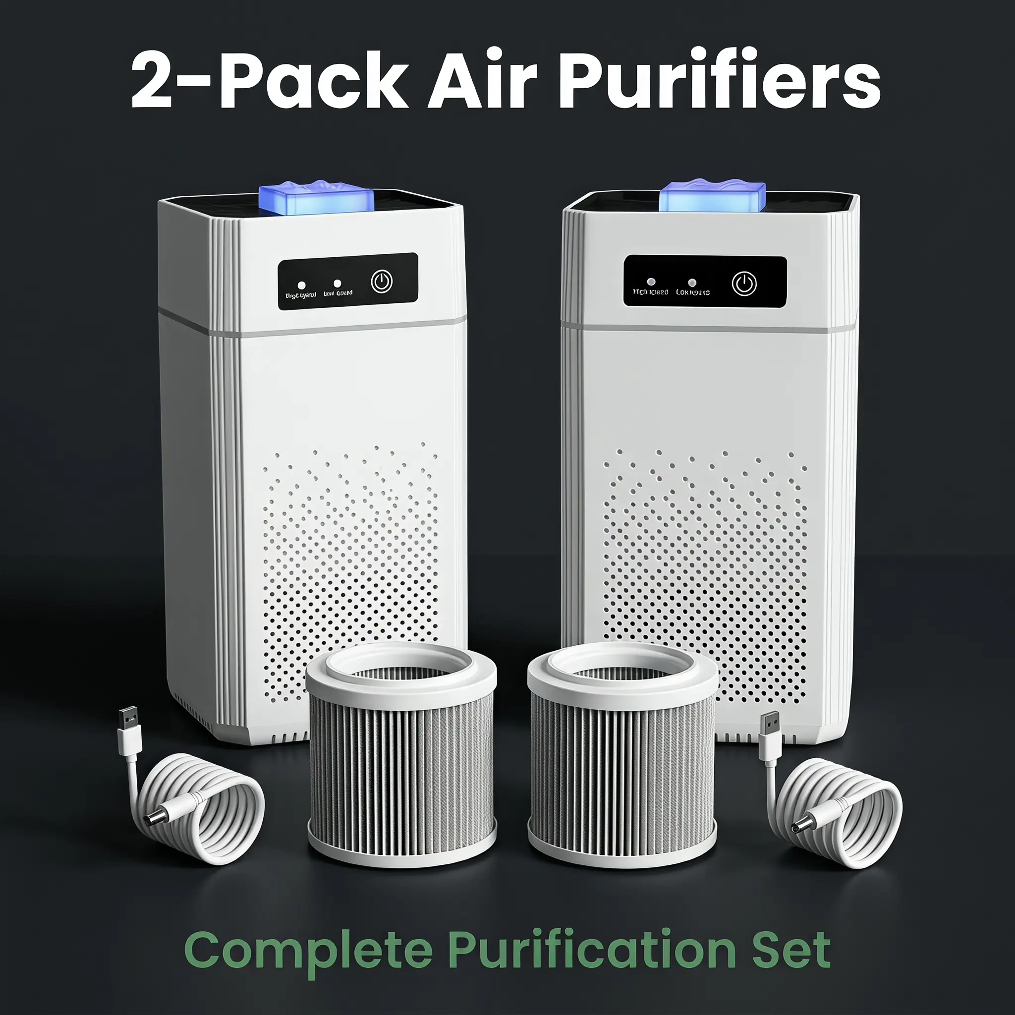 2-Pack Desktop Air Purifiers with UV sterilization. Clean air for dorms, offices, and bedrooms. HEPA filter removes dust, smoke, pet dander, and allergens. Say no to bacteria and odors. Stylish, space-saving, ultra-quiet. Plug in and breathe fresh air.