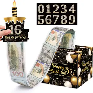Birthday Money Gift Box with DIY Stickers for Any Age, Surprise Money Boxes for Cash Gift with Pull Out Happy Birthday Day Card and 50Pcs Transparent Bags