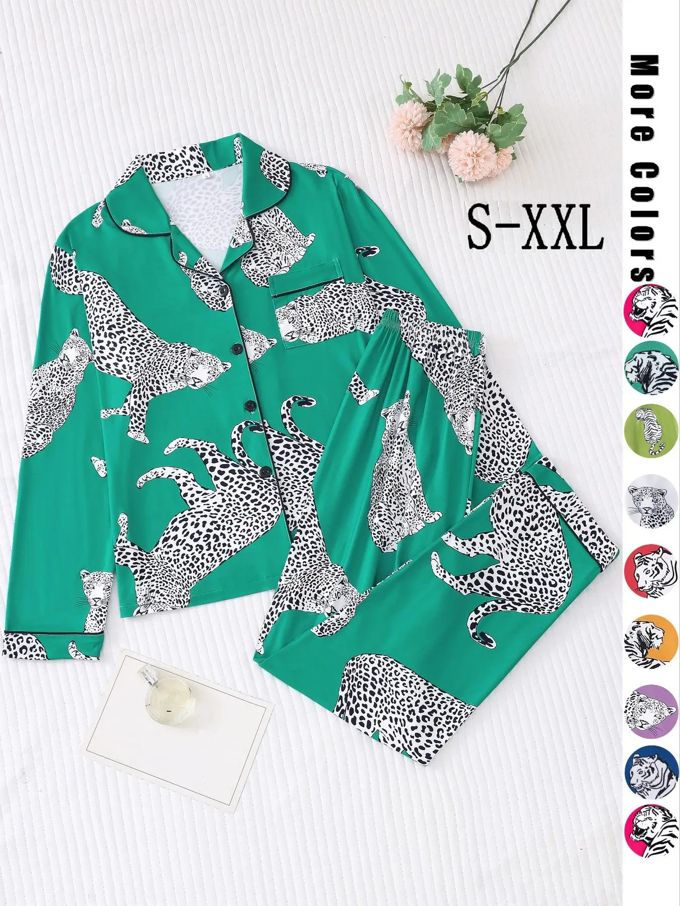 Women's Cheetah Print Button Front Shirt & Elastic Waist Pants Pyjama Set, Long Sleeve Collared Top & Trousers, Summer Outfits 2024, Women's Loungewea