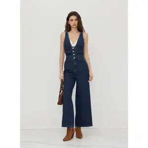 Cider Denim V-neck Button Pocket Wide Leg Jumpsuit