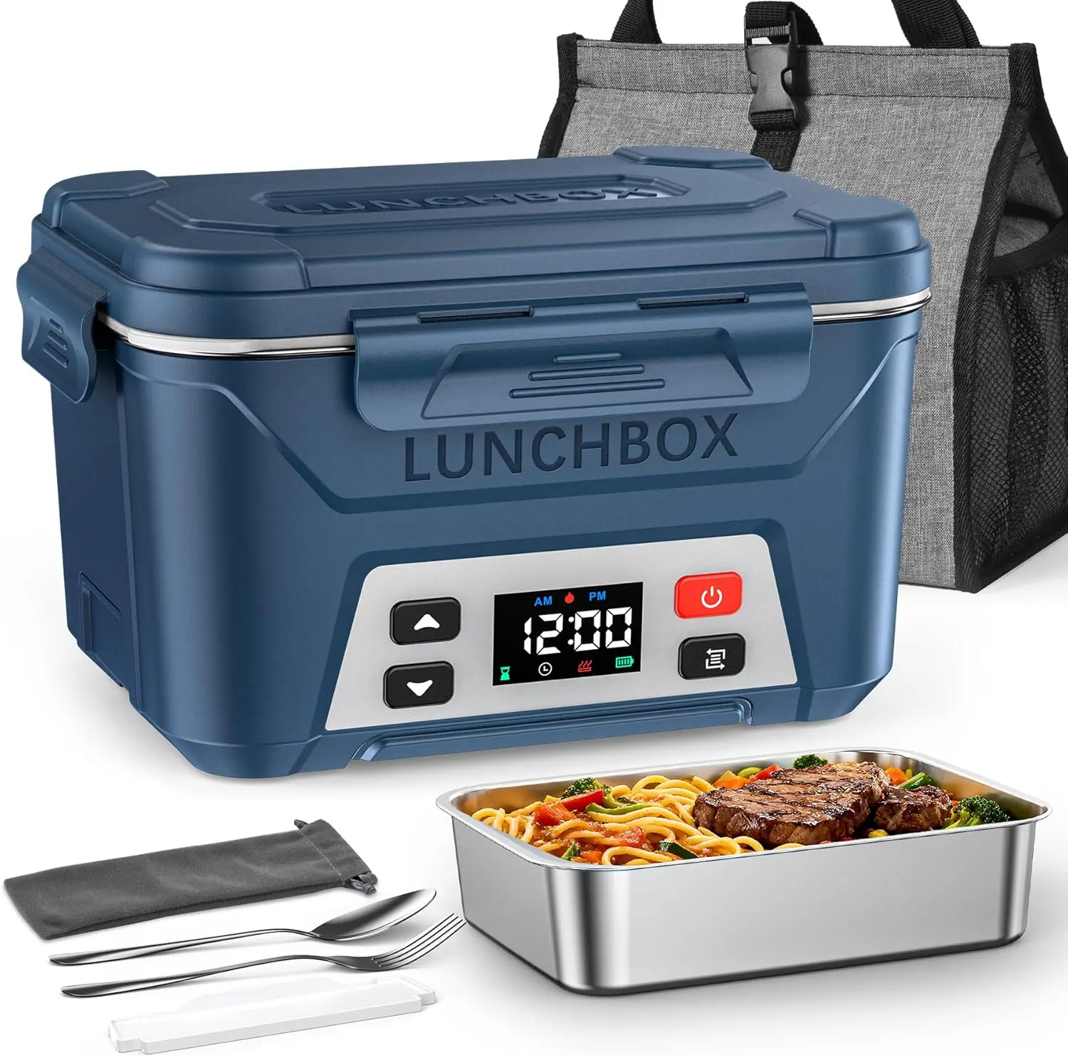 EAST OAK Cordless Electric Lunch Box for Adults, Battery Powered Heated Lunch Box for Work, Travel, 5.5 Cups Rechargeable Self Heating Food Heater, Memory Function & Automatic Keep Warm, Classic Blue