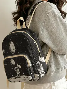 1 piece of 2D printed lady's backpack with astronaut space pattern, corduroy texture + layered storage + light weight reduction | perfect for students to go to class/shopping/short trips | combines atmosphere with practicality