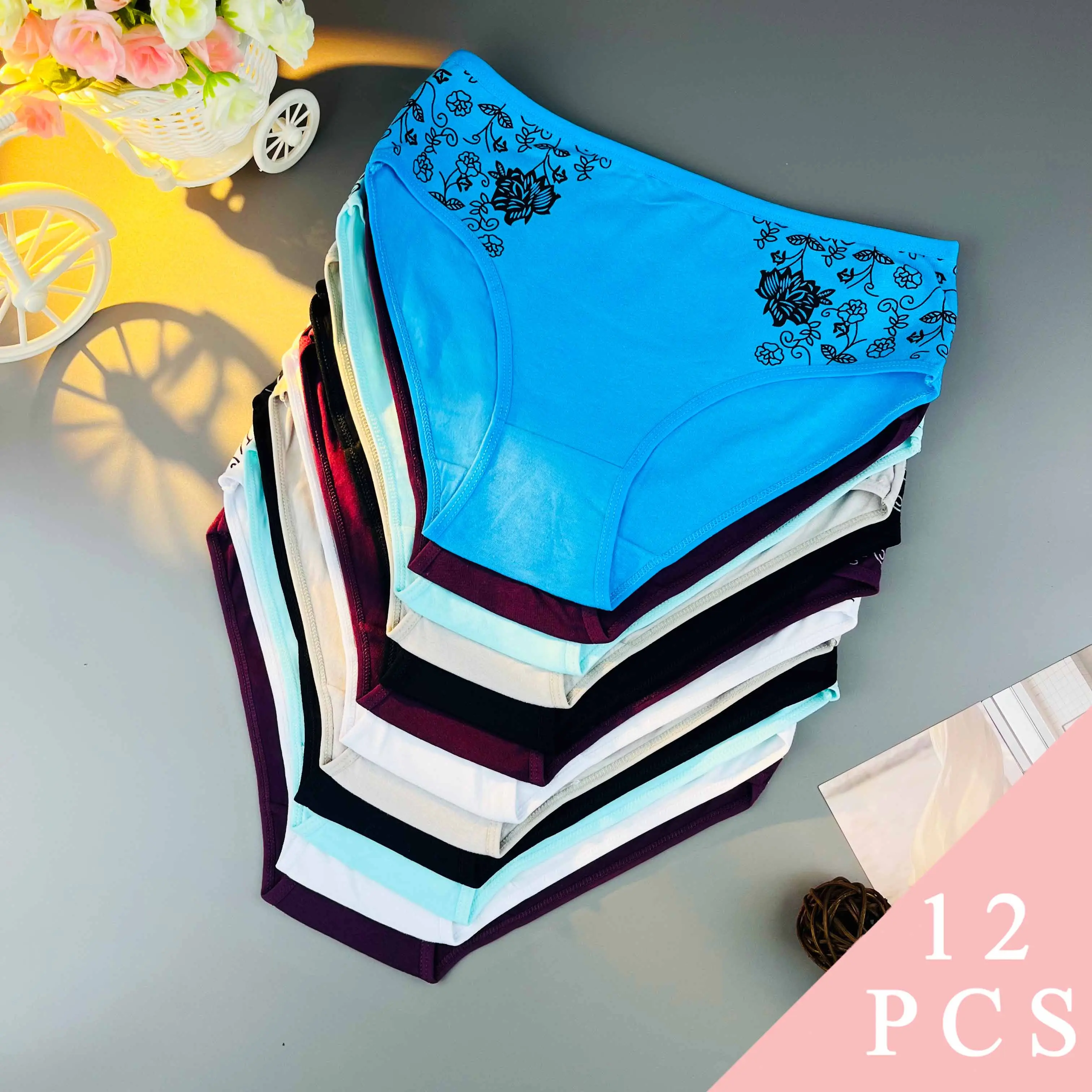 Women's 12-Pcs Multicolor Pure Cotton Mid-Waist Print Panties - Fit, Comfortable Everyday Lady Underwear, Breathable Slimming Briefs (6 Random Colors Delivered), Premium Cotton Briefs, Colored Cotton Briefs