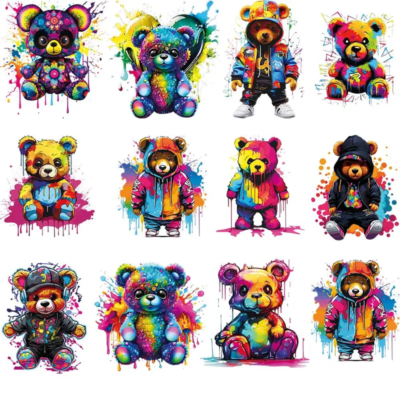 Bear Pattern DTF Transfer Sticker, 12pcs/set DIY Heat Transfer Sticker, Heat Press Sticker for Clothes, DIY Clothing Decoration, Diy Kit, Diy Craft Embellishments, Diy Crafts Supplies