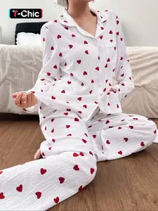 Women's Spring Autumn Long Sleeve Sleepwear Set, Heart Print Comfortable Fabric, Button Front Shirt Top with Pockets & Elastic Waist Pants, Pajama Set