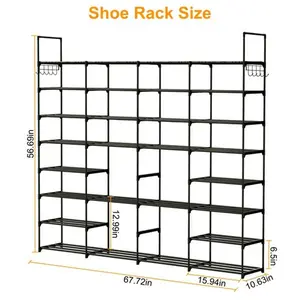 NewHome 8-Tier 4-Row Shoe Rack Metal Storage Shelf for 56 Pairs of Shoes with 2 Hooks for Entryway Organization