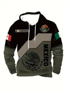 Men's casual hooded sweatshirt, retro Mexican eagle print, geometric pattern, suitable for all seasons
