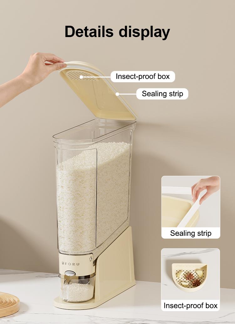 UFORU Rice Dispenser 22lb, Slim Rice Storage Container for Small Spaces, BPA-Free Clear Dry Food Dispenser Sealed Moisture-Proof, Utensils Airtight,Grains & Cereals Storage Bucket for Kitchen Pantry Home Use, Cream Color