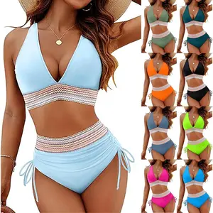 Women 2-Piece High Waisted Bikini Sets Stylish Swimwear Tummy Control Bathing Suits with Adjustable Wide Shoulder Straps Color Block Drawstring Design for Beach Pool Vacation