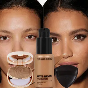 Long-Lasting 3pcs Makeup Set, Makeup Kit, Waterproof Oil Control Liquid Foundation Pressed Powder with Puff, Sweatproof Full Coverage Conceals Dark Circles for All Skin Types