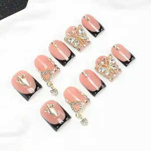 10pcs Square Handmade Nail Tips Y2K Metal Accessories Butterfly Chain Rhinestone Nude Hand Drawn Design Nail Art Stickers, Nail Art Supplies, Suitable for daily wear of shiny nails, including toolkits, Press On Nails