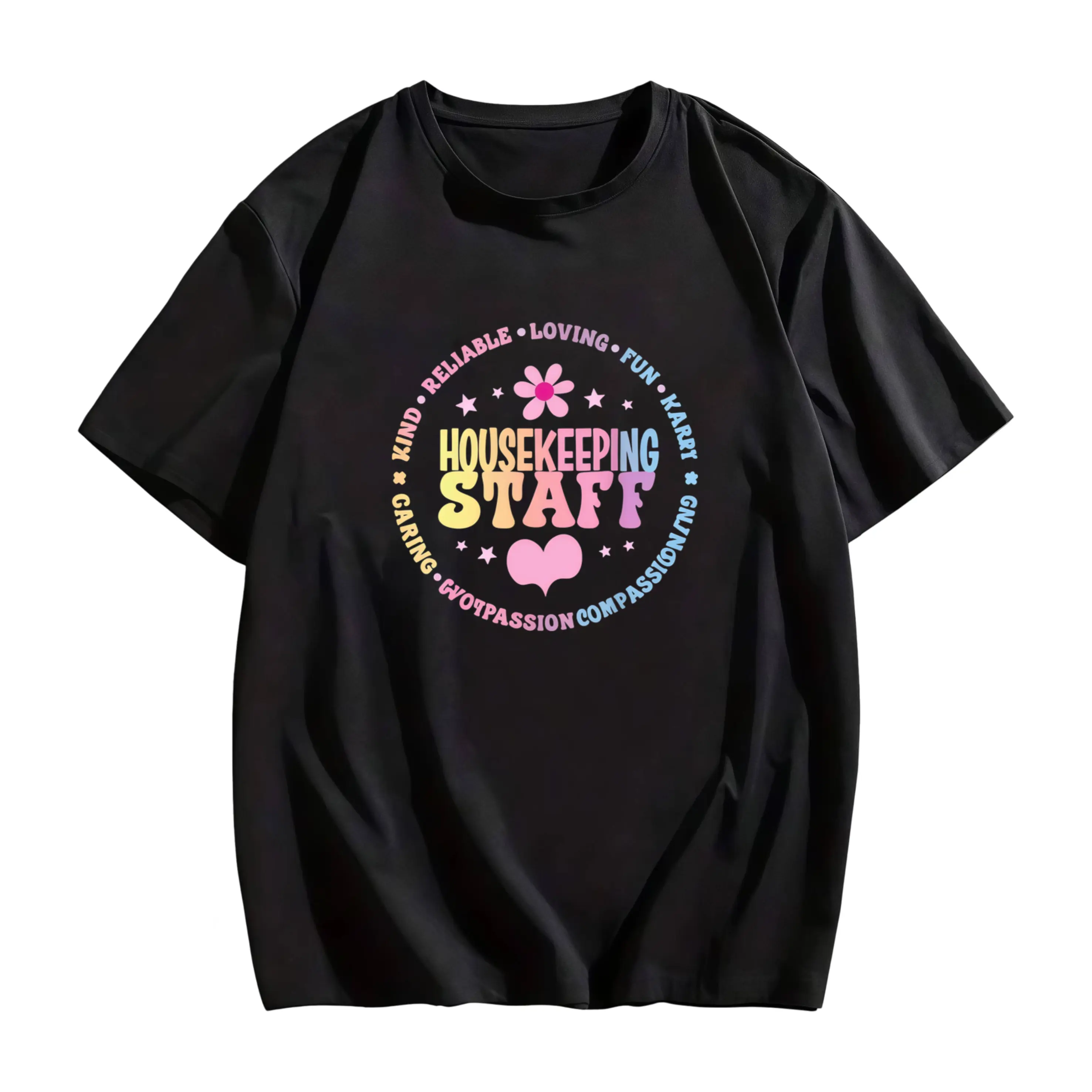 Womens Housekeeping Staff Shirt | Funny Cleaning Service Employee Uniform & Gift Crewneck with Multicolor Housekeeping Slogans (Reliable Caring Friendly) Soft Comfortable Graphic Print Shirt All-Season for Everyday & Outdoor Activities