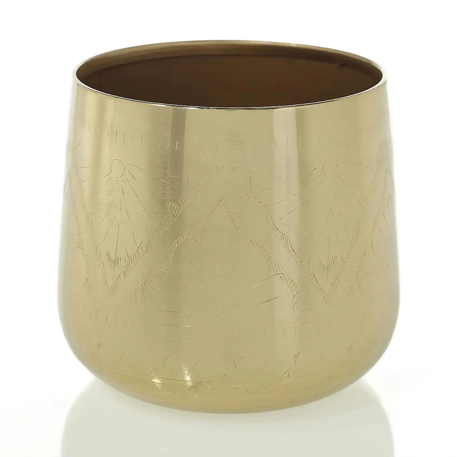 All-Metal Gold Flower Pot - Etched Floral Design Decorative Plant Vessel for Home, Garden Use