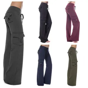 Women's Yoga Pant High Waist Casual Cargo Pants with Pockets Comfortable Soft Bottom Gym Stretchy Womenswear Elastic Sporty Fit Leggings Style Workout