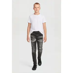 Boys Mid Rise Whiskered Distressed Skinny Jeans