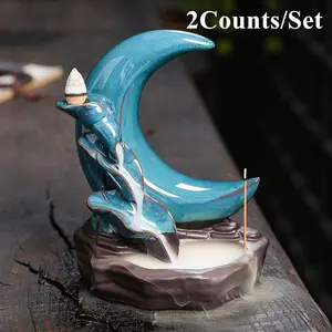 Backflow Incense Burner with Moon Shaped Ceramic Holder, 2 Counts/set Creative Incense Holder, Home Decoration Ornament for Yoga & Meditation