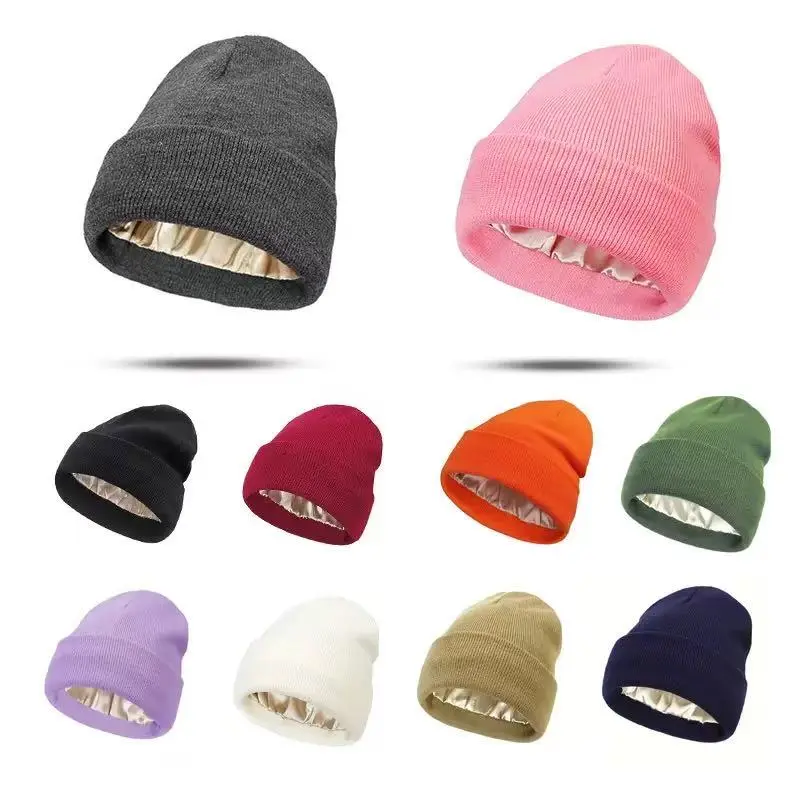 Black Friday Deal No Static No Frizz No Tangle Satin Lined Beanie Winter Warm Silk Satin Lined Knit Hat Anti-Static Satin Lined Caps Beanie Hat Unisex Beanie Hat for Women