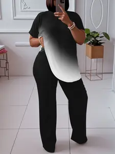 Plus-size two-piece set with gradient print, featuring a round-neck short-sleeve top and straight-leg pants, women's plus-size clothing