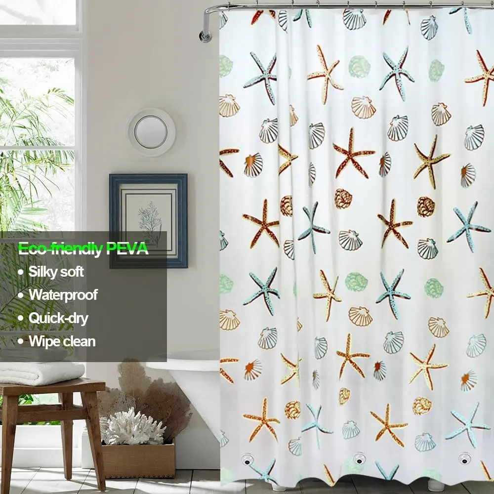 Plastic Shower Liner - Premium PEVA 4G Shower Curtain Liner with Rustproof Grommets and 3 Weighted Magnets, Waterproof Shower Curtains for Bathroom (Starfish, 72" x 72")