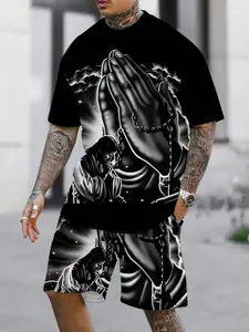 Men's Praying Hands & Religious Figure Print 2-Piece Loose T-Shirt & Shorts Set, Casual Streetwear Tracksuit, Digital Print #PrayingHandsSet #ReligiousStreetwear #2PieceOutfit #DigitalPrintSet #TikTokMadeMeBuyIt