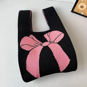 Black Pink Bow Tie Knot Pattern Knit Handbag Handmade Casual Wrist Bag Tote Bag Reusable Shopping Bags Women Girls Storage Bag