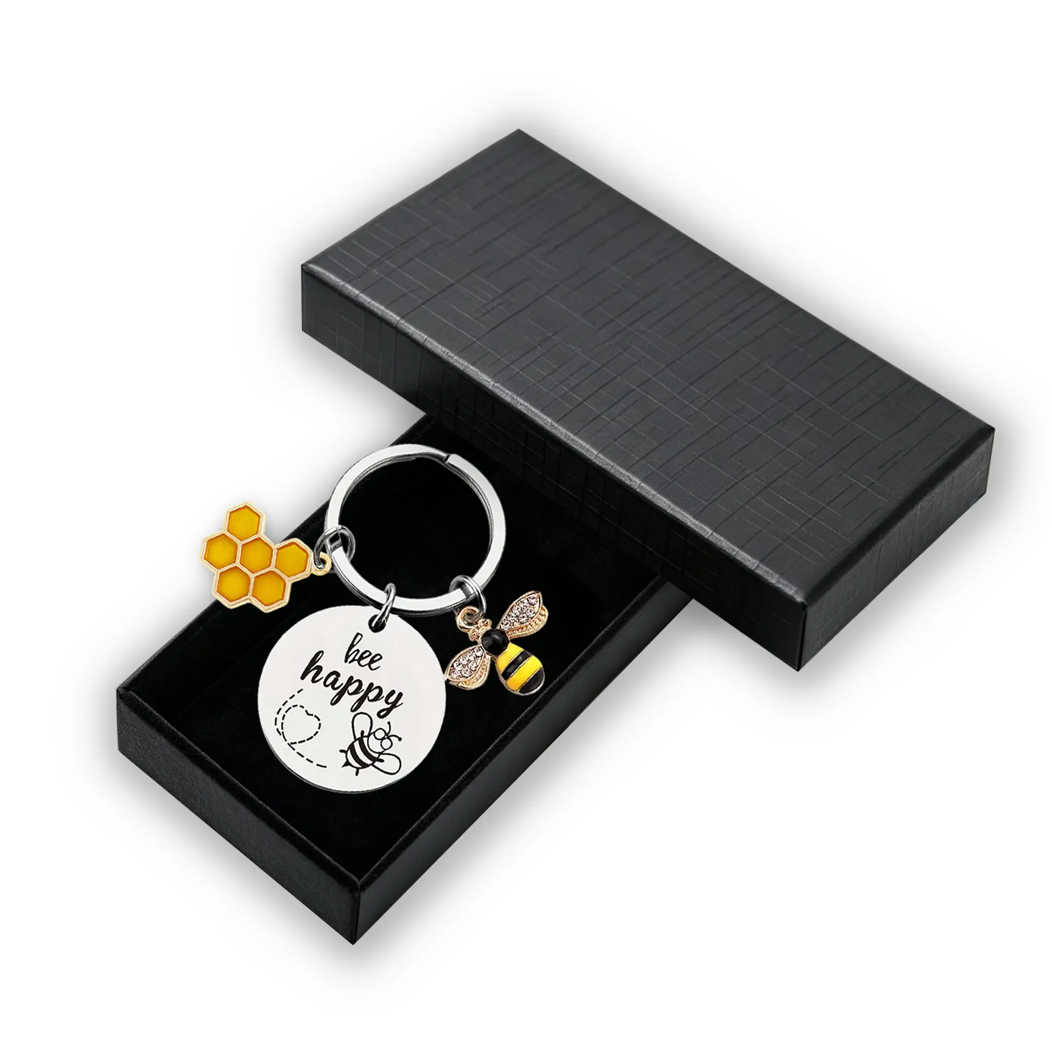 Cute Bee Happy Keychain,Engraved Stainless Steel Key Ring with Rhinestone Bee & Honeycomb Charms,Sweet Motivational Bag Charm Gift for Best Friend Female