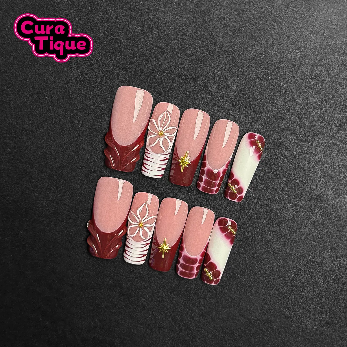 CuraTique | Velvet Swirl GC 10PCS Handmade Press On Nails REUSABLE 3D Gel spring 2026 / Prom
