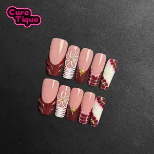 CuraTique | Velvet Swirl GC 10PCS Handmade Press On Nails REUSABLE 3D Gel spring 2026 / Prom