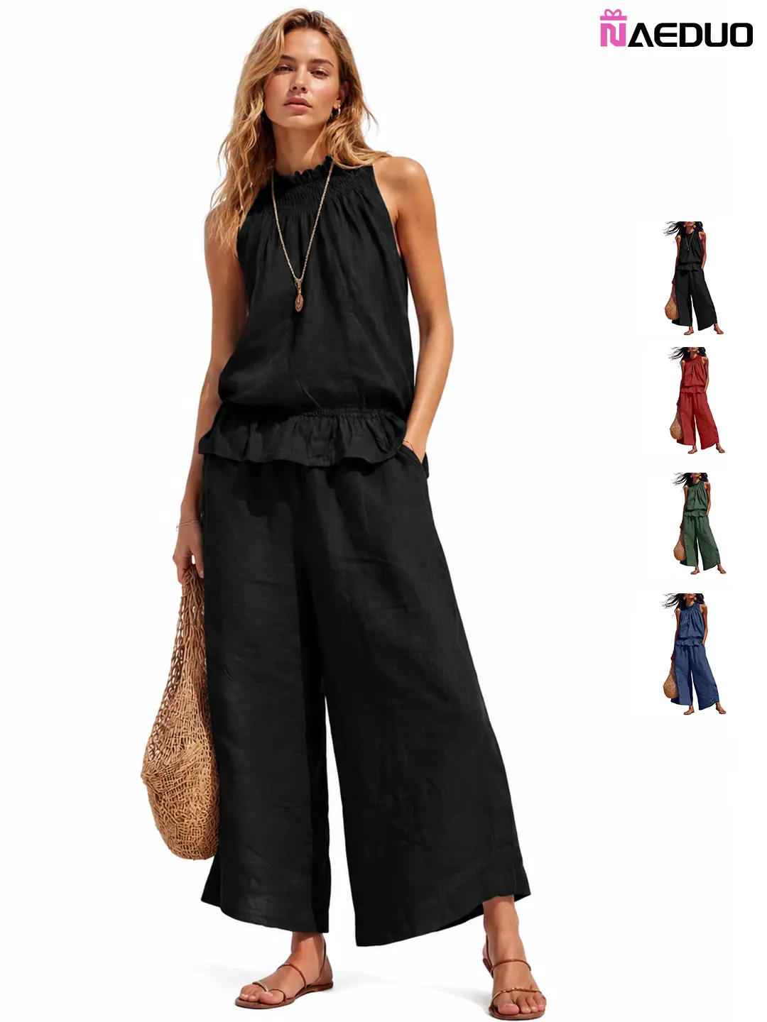 Naeoduo Women's Linen 2 Piece Outfits Sleeveless Ruffle Top Wide Leg Pants Summer Loungewear Beach Travel Sets Womenswear Bohemian