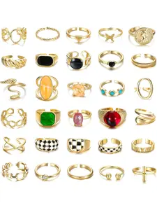 30Pcs Gold Plated Chunky Rings for Women Chunky Twisted Signet Rings Stackable Finger Rings Knuckle Midi Ring Adjustable Open Ring Sets