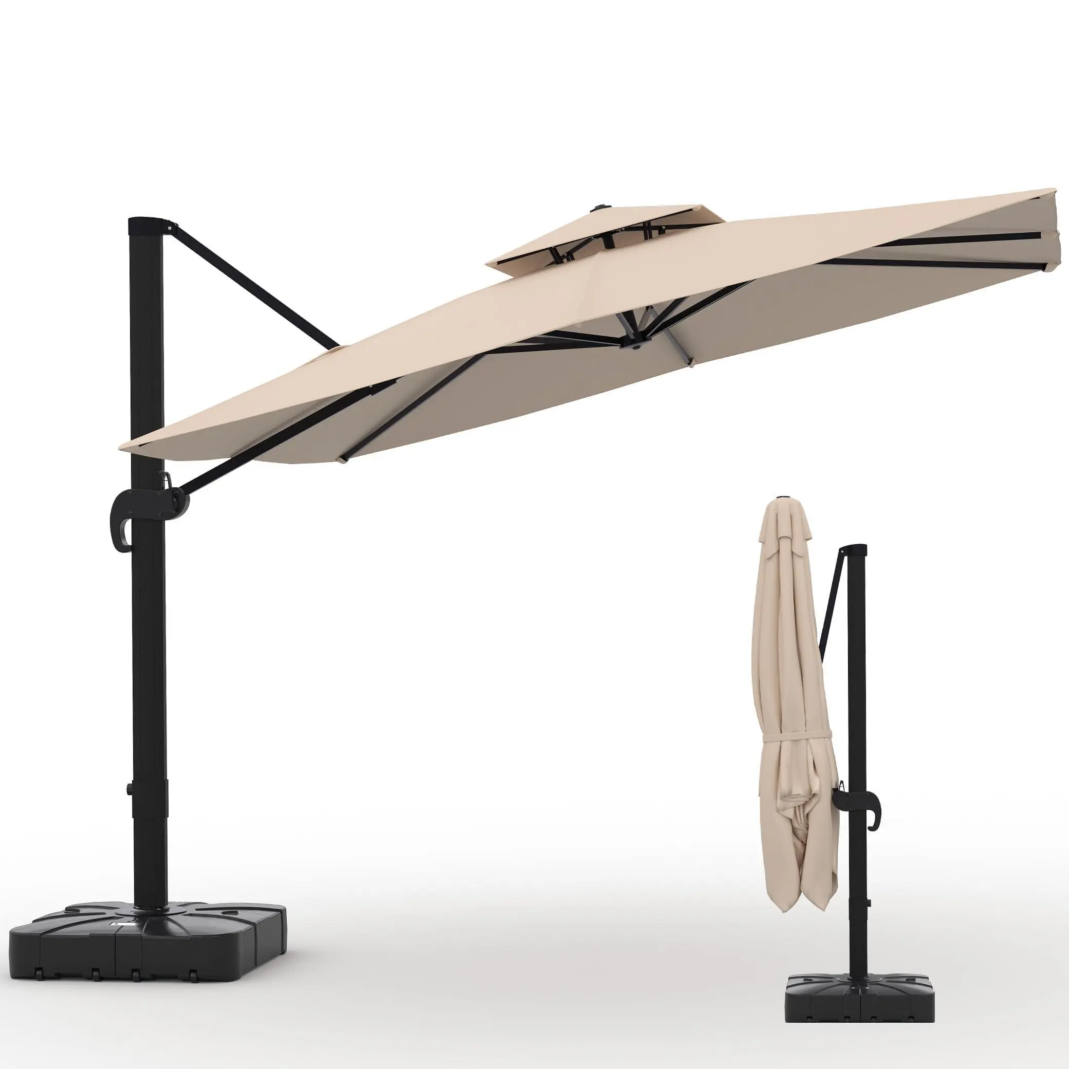 GARVEE 10 x 10 ft Cantilever Patio Umbrella, Square Outdoor Umbrella with 360° Rotation, 3 Height Settings, Heavy-Duty Aluminum Frame, Waterproof Oxford Fabric, Fillable Base,Khaki
