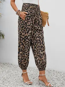 Women's Trendy Leopard Print Harem Pants Pockets, Elastic Waist Loose Fit Casual Ankle Pants, All Seasons Fashionable Bottoms