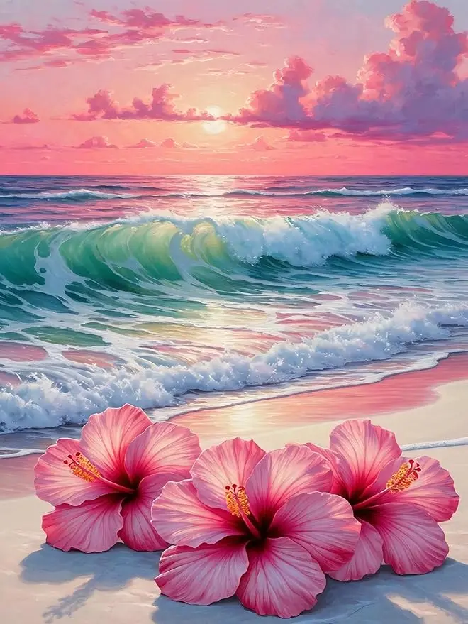 5D Full Drill Diamond Painting Kit Pink Sunset Beach Hibiscus Ocean Wave Art, DIY Craft for Home Wall Decor