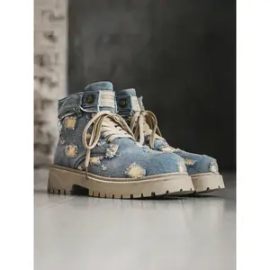 Men's Vintage Wide Head Denim Work Boots, Street Style Ripped Jeans Design, Thick Sole Stability, Lace-Up Closure, Trendy Daily Wear(Sheets)