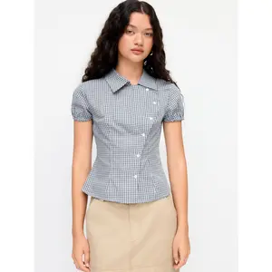 Cider 100% Cotton Plaid Collar Asymmetrical Button Puff Short Shirt