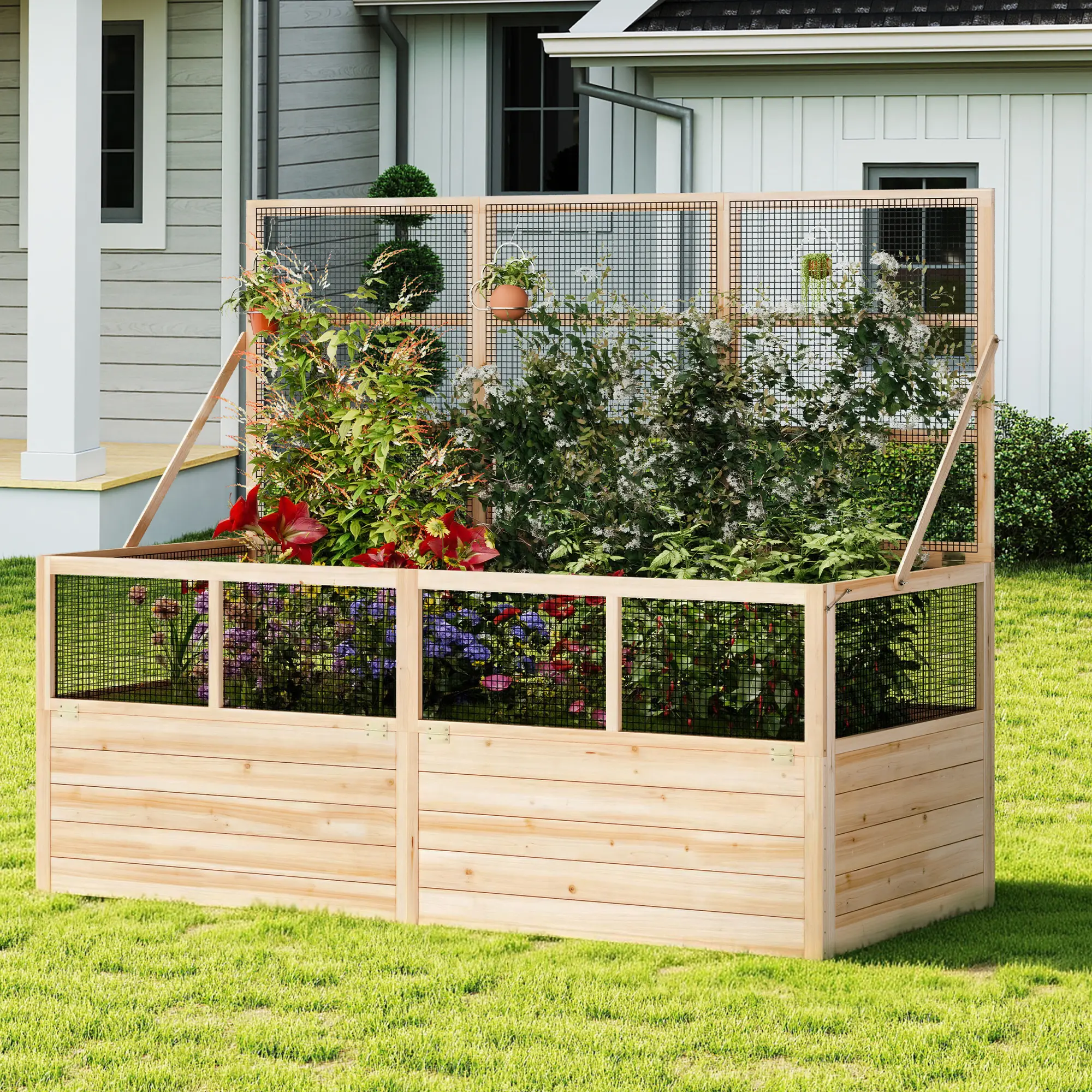 Amerlife Elevated Wood Garden Bed with Hinged Fencing, Trellis, 18in Deep Planter Box, 2 Flip-Up Front Panels, Easy Assembly, Outdoor Planting Boxes for Seed Starting & Vegetable Growing, Elevated Planting Boxes