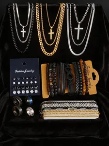 Men's Stainless Steel Jewelry Set, Unique Accessories Set, Casual Style Leather Bracelet Necklace Earrings, All-Seasons Gift for Him, No Box Included