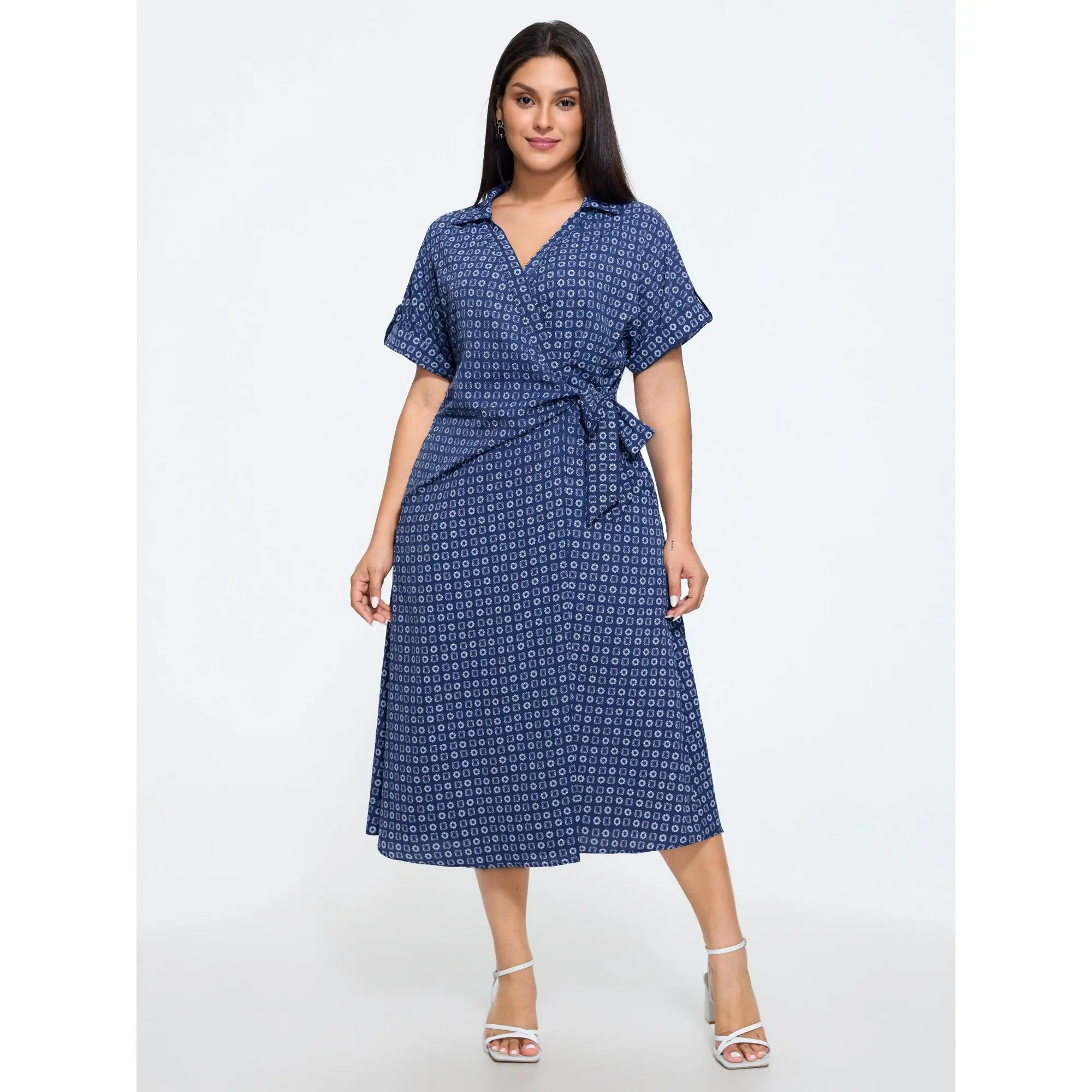 BLOOMCHIC Plus Size Geometric Print Wrap Side Tie Midi Dress[M-6X] Summer Finds