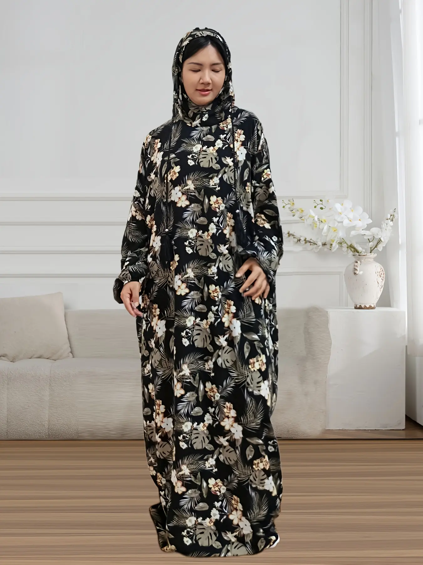 Women's All Over Floral Pattern Hooded, Hijabi Cute Dresses, Modest Dress, Modesty Muslim Clothing, Elegant Long Sleeve Muslim Clothing, Ladies Islamic Clothing for All Seasons
