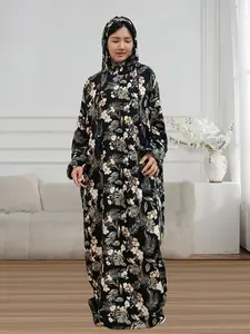 Women's All Over Floral Pattern Hooded, Hijabi Cute Dresses, Elegant Long Sleeve Muslim Clothing, Ladies Islamic Clothing for All Seasons