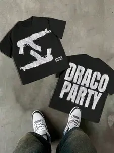 "Draco Party" Tactical Graphic Tee for Men | Oversized 1XL Plus Size | Premium Cotton | Distressed Gun Print | Y2K Streetwear Aesthetic | Bold Black/White Casual T-Shirts for Street Style Enthusiasts | Menswear