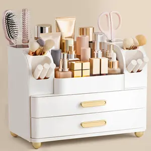 Large All-White Vanity Makeup Organizer Box with Brush Holder - French Country Home Storage for Bathroom Countertops, Holds Lipsticks, Nail Polishes, Perfumes, Eyeshadow Palettes and Beauty Products, Container Cosmetic Organisers