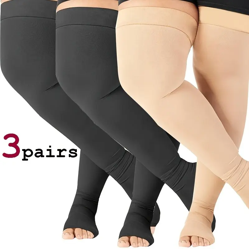 3 Pairs Women'S Compression Knee-High Socks - Open-Top Design, Breathable & Moisture-Wicking, Non-Slip All-Season Athletic Socks with Arch Support, Plus Size 2XL-7XL, Multi-Functional for Sports, Gym, Hiking, Workouts - Machine Washable Leg Accessor