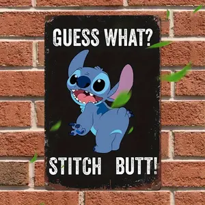 DISNEY CLASSIC Stitch Retro Metal Wall Art Sign - Vintage Decor with "Guess What? Stitch Butt!" Text - Outdoor/Indoor Home Decor, Bar, Cafe, Garage