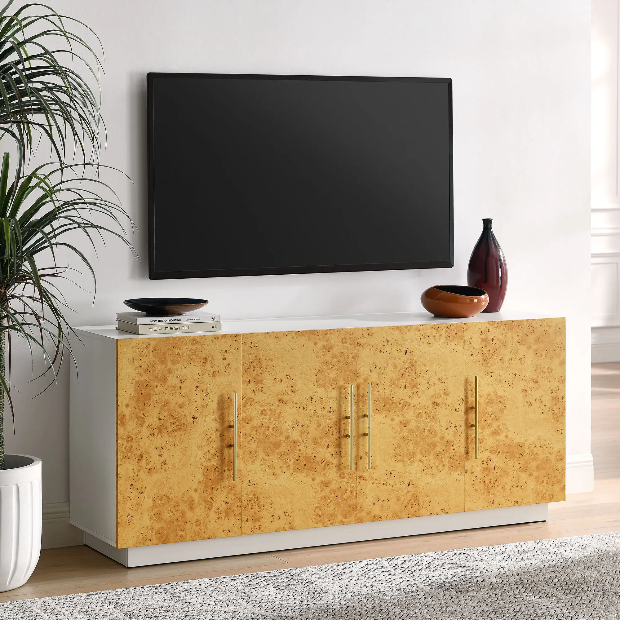 Abel 69-Inch White Bleached Burl Wood Sideboard Buffet TV Stand, Living Room Home Entertainment Cabinet TV Stand & Multimedia Centre with Gold Tone Accents