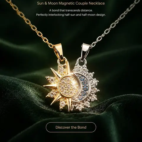 Magnetic Sun-Moon Matching BF and GF Necklaces - Gold-Silver Zircon Alloy Stackable Pendants, Hypoallergenic Adjustable Chains, Unisex Casual Trendy Bling Decorative Accessory Jewelry, Gifts for Boyfriends, Decorative Necklace