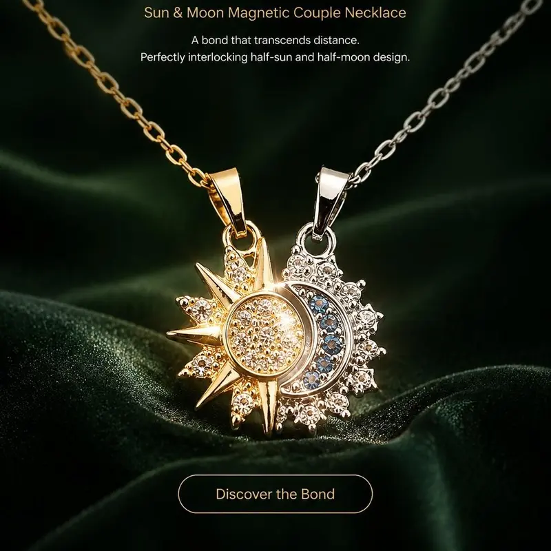 Magnetic Sun-Moon Matching BF and GF Necklaces - Gold-Silver Zircon Alloy Stackable Pendants, Hypoallergenic Adjustable Chains, Unisex Casual Trendy Bling Decorative Accessory Jewelry, Gifts for Boyfriends, Decorative Necklace