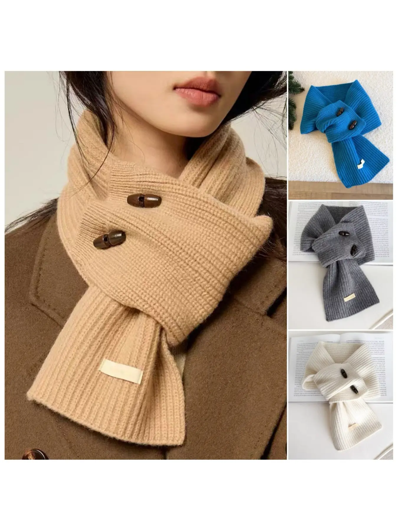 Button Knit Scarf, Winter Neck Warmer, Korean Style Crossed Knitted Wrap, Versatile Knot Design, Cozy and Stylish Accessory
