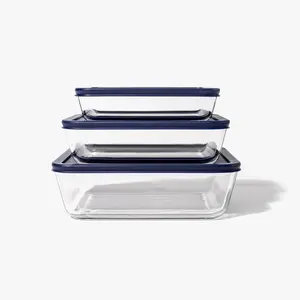 Glass Food Storage Containers - 6 Piece (3 Containers + 3 Lids) Rectangular Nesting Space-Saving Set