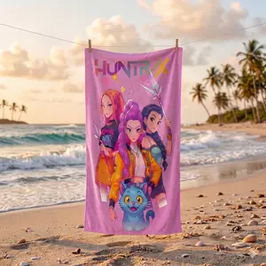 Anime & K-Pop Style Microfiber Towel, Cute Character Print Bath Towel with HUNTR XX Girls and Blue Cat, Soft Quick-Dry & Absorbent, Ideal for Beach, Pool, Swim, Perfect Gift for Anime Lover